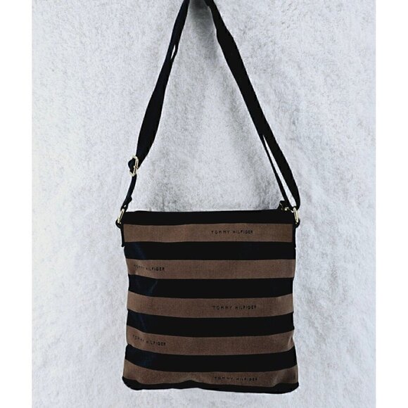 Tommy Hilfiger Brown and Black Striped Sateen Twill Fabric Crossbody - Picture 13 of 15